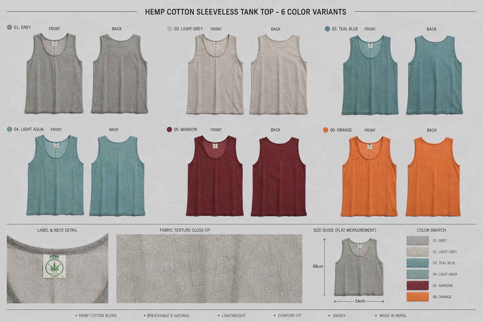 Hemp Cotton Sleeveless Tank Top – 6 Color Variants 