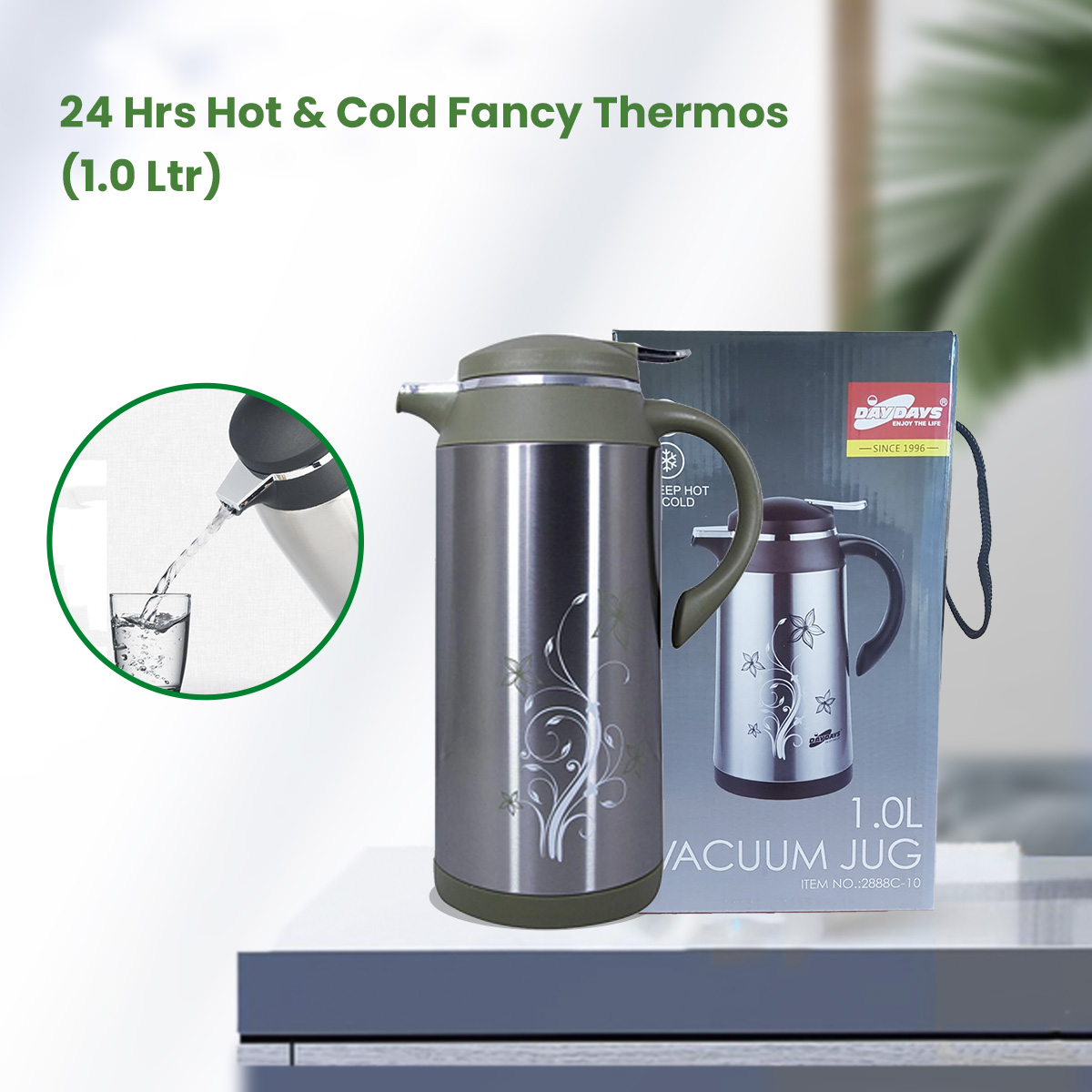 24 Hours Hot & Cold Vacuum Jug Thermos With 1 Liter Capacity 