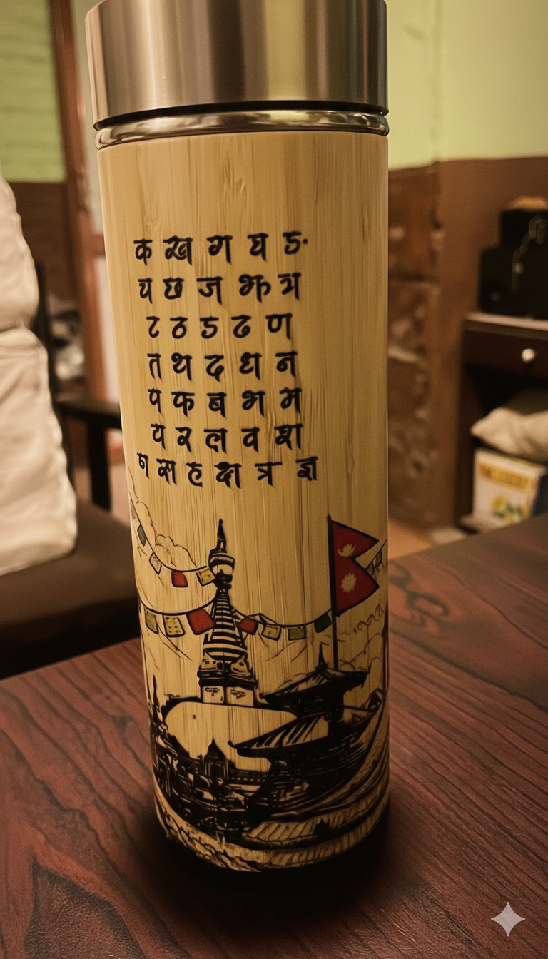 Nepali Alphabet Printed Bamboo Water Bottle 