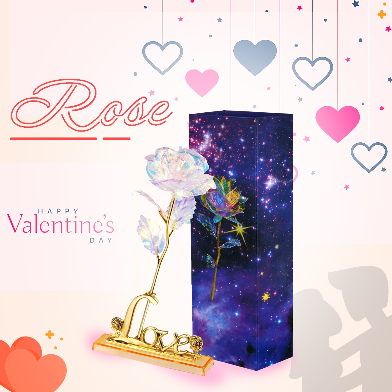 Artificial Plastic Rose Flower with Love Shaped Stand Unique Gifts Valentine's Day