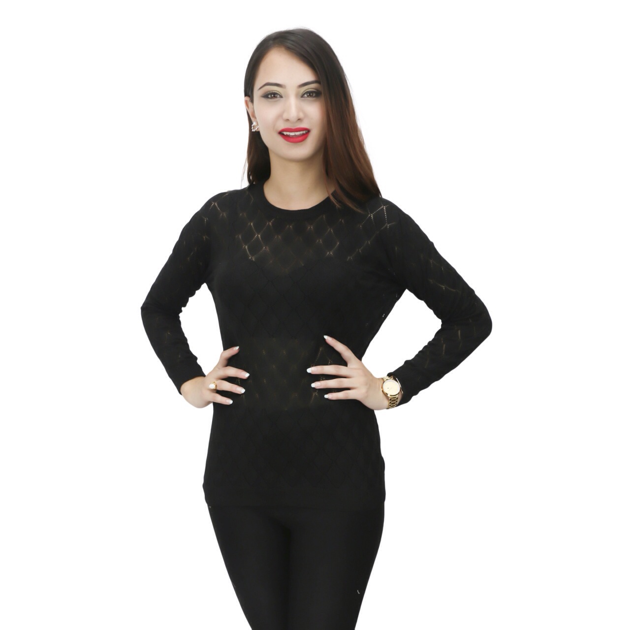 Black Knit Bamboo Fabric Full Sleeves Sheer Top For Women 