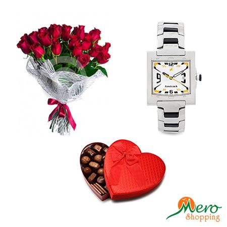 Combo gift for him Fastrack 1229SM04, Chocolate and Rose 