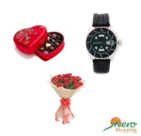 Combo gift for him Fastrack 3089SL03, Chocolate and Rose 