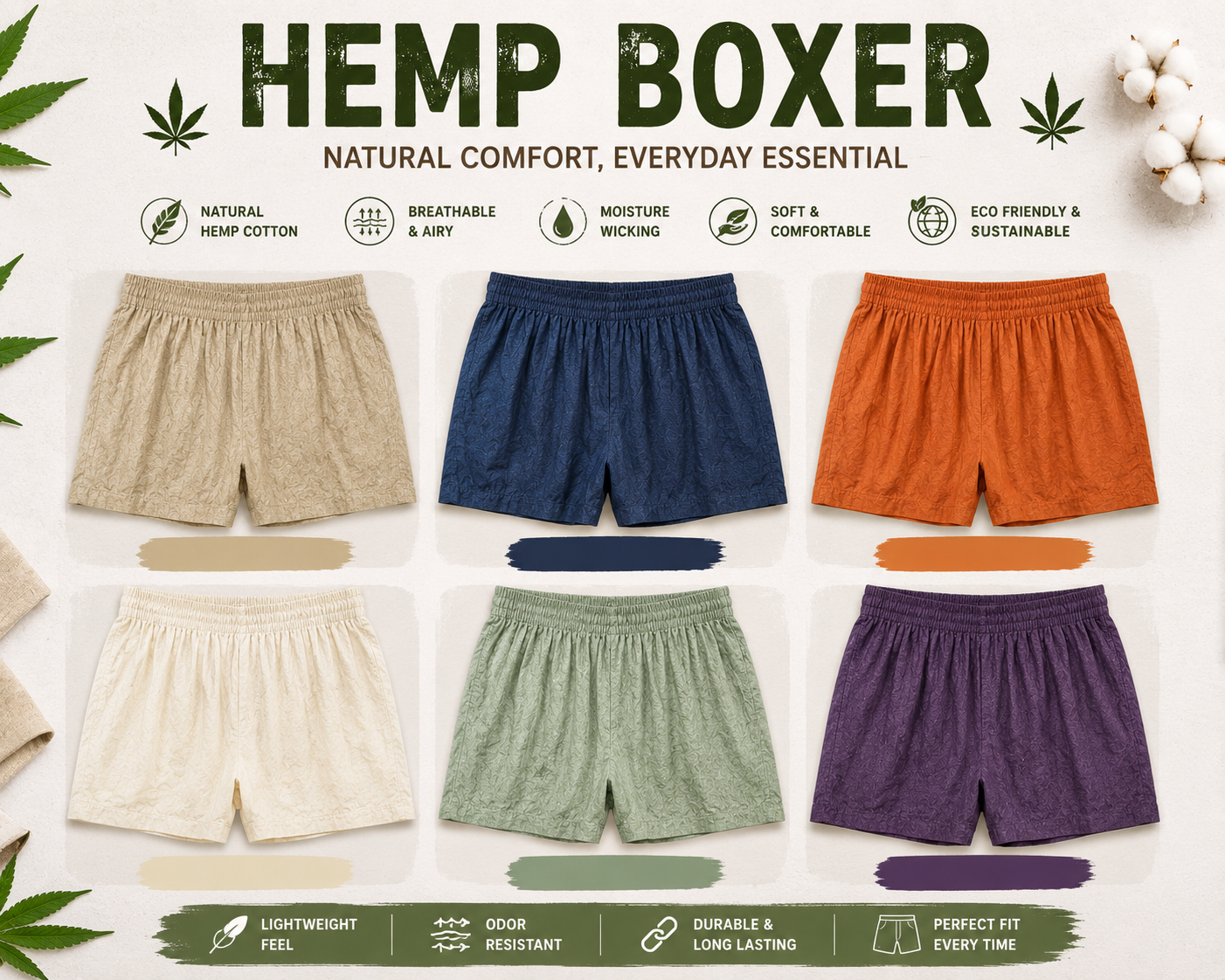 2 Pcs Hemp Cotton Boxer Shorts Combo – 6 Color Variants 