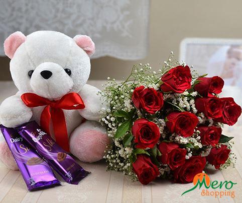 Teddy chocolate and rose flower 