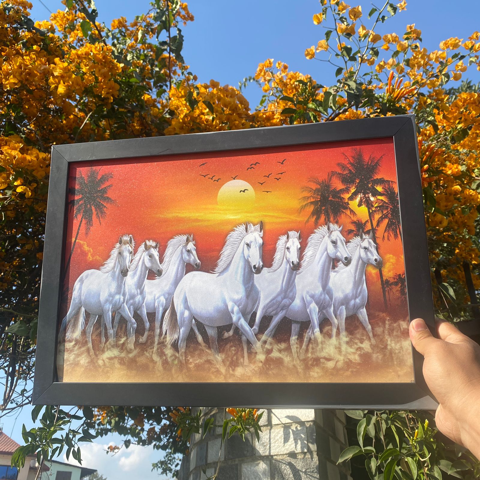 Seven Horse Painting Vinyl  White Frame