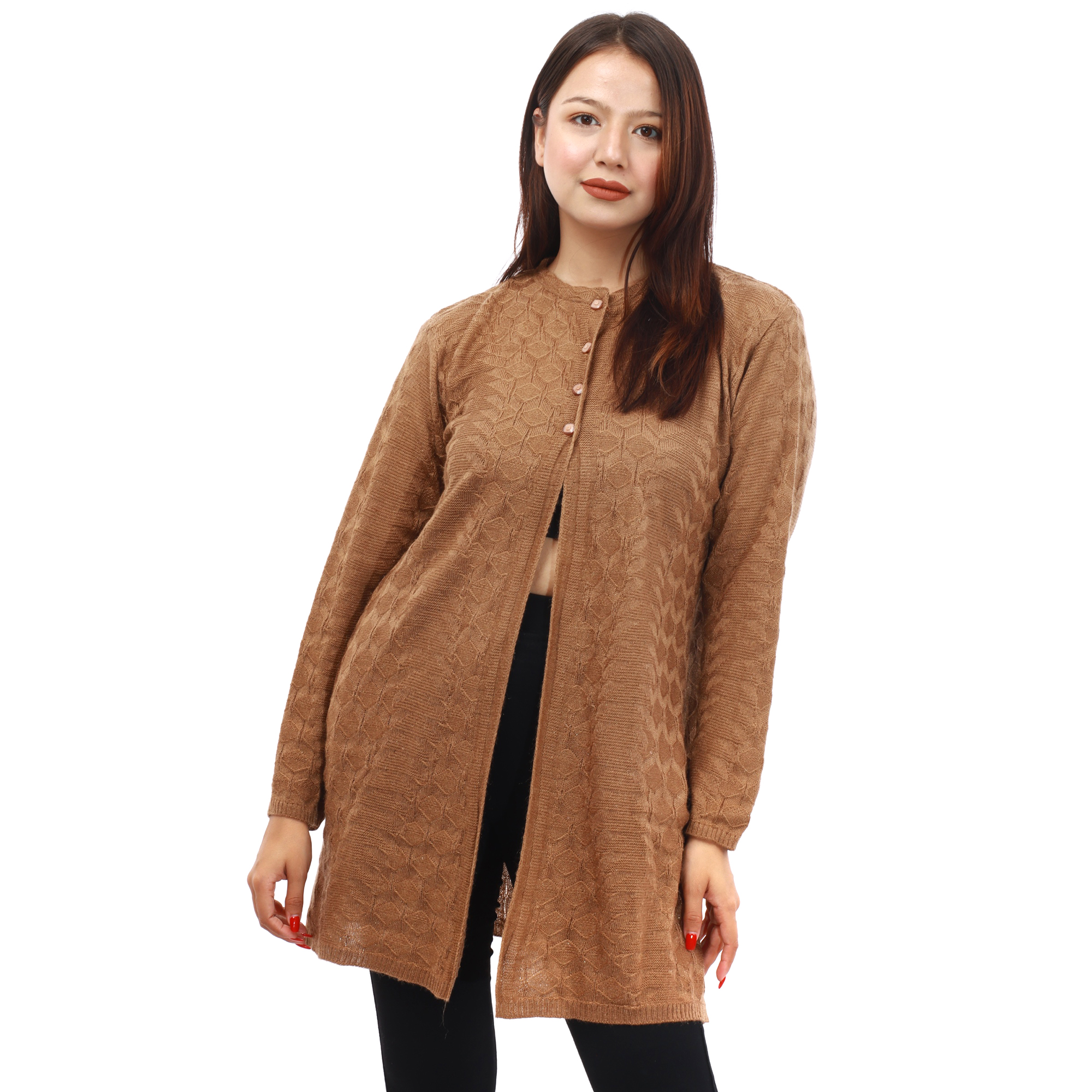 Brown Woolen Full Sleeve Front Button Design Long Sweater For Women
